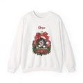 White Personalized Tuxedo Cat Christmas Sweatshirt with a tuxedo cat in a Christmas ornament and a custom name, front view