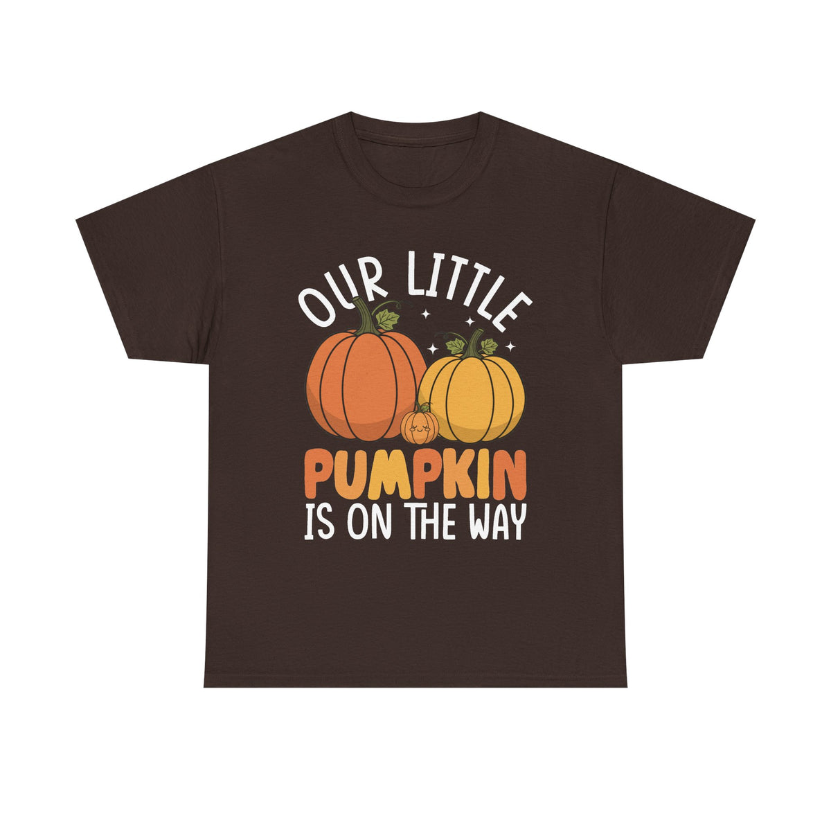 Dark Chocolate Our Little Pumpkin Is On The Way pregnancy t-shirt, front view