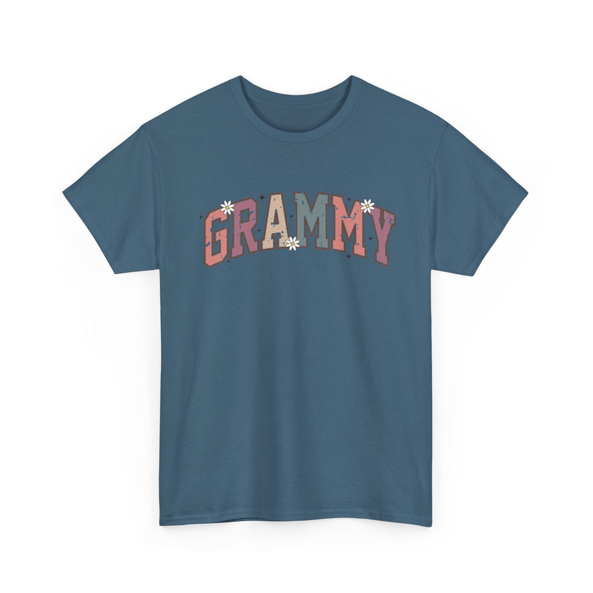 Indigo Blue Grammy retro daisy varsity t-shirt, front view