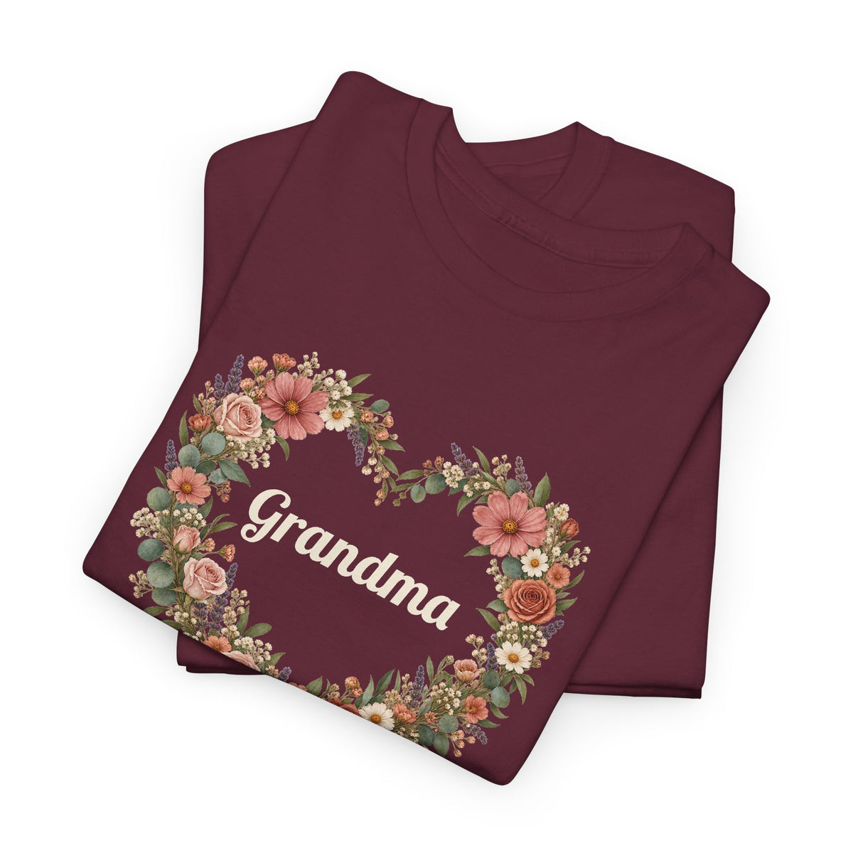 Maroon Personalized Grandma T-Shirt With Grandkids Names, folded