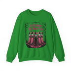 Irish Green In October We Wear Pink sweatshirt with five witches in pink gowns, front view