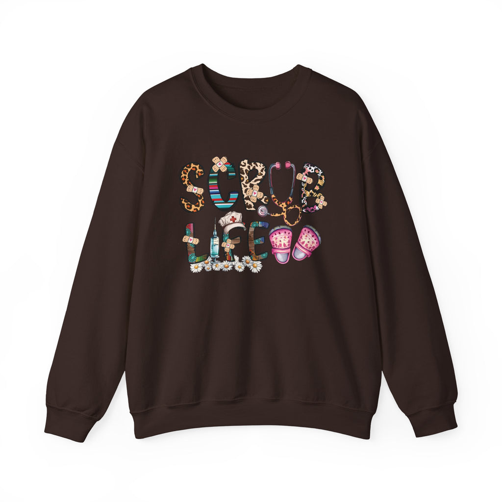 Dark Chocolate Scrub Life nurse sweatshirt with patterned lettering, stethoscope and clogs, front view