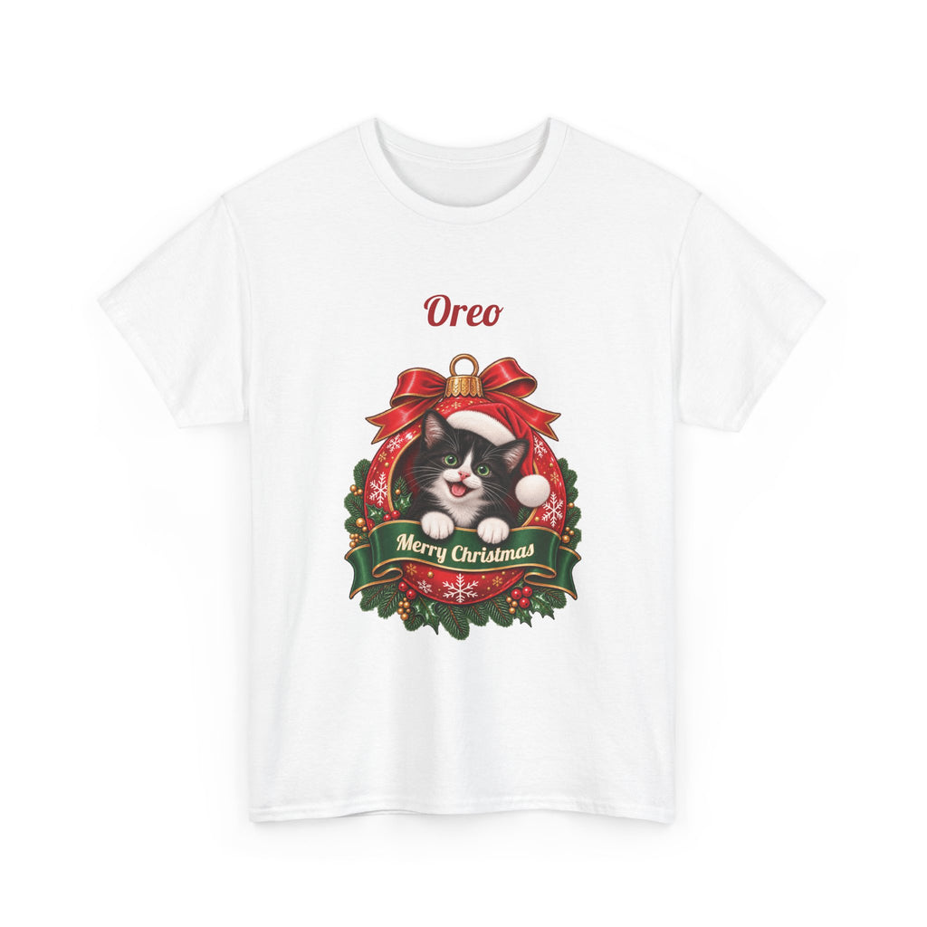 White Personalized Tuxedo Cat Christmas T-Shirt with a tuxedo cat in a Christmas ornament and a custom name, front view