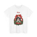 White Personalized Tuxedo Cat Christmas T-Shirt with a tuxedo cat in a Christmas ornament and a custom name, front view