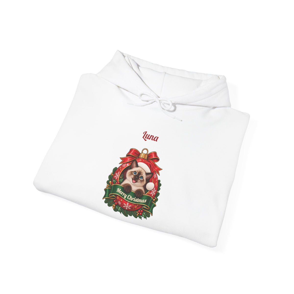 White Personalized Siamese Cat Christmas Hoodie, folded