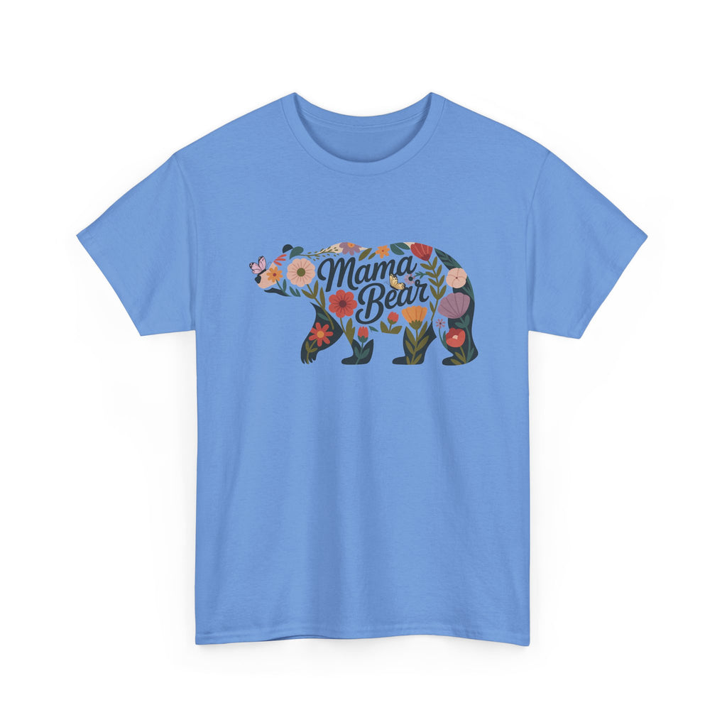 Carolina Blue Floral Mama Bear t-shirt with wildflower bear print, front view