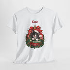 White Personalized Tuxedo Cat Christmas T-Shirt, close-up of the print