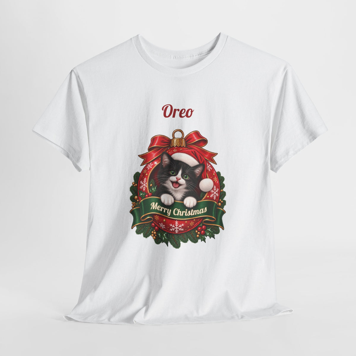 White Personalized Tuxedo Cat Christmas T-Shirt, close-up of the print