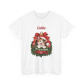 White Personalized Calico Cat Christmas T-Shirt with a calico cat in a Christmas ornament and a custom name, front view