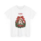 White Personalized Calico Cat Christmas T-Shirt with a calico cat in a Christmas ornament and a custom name, front view
