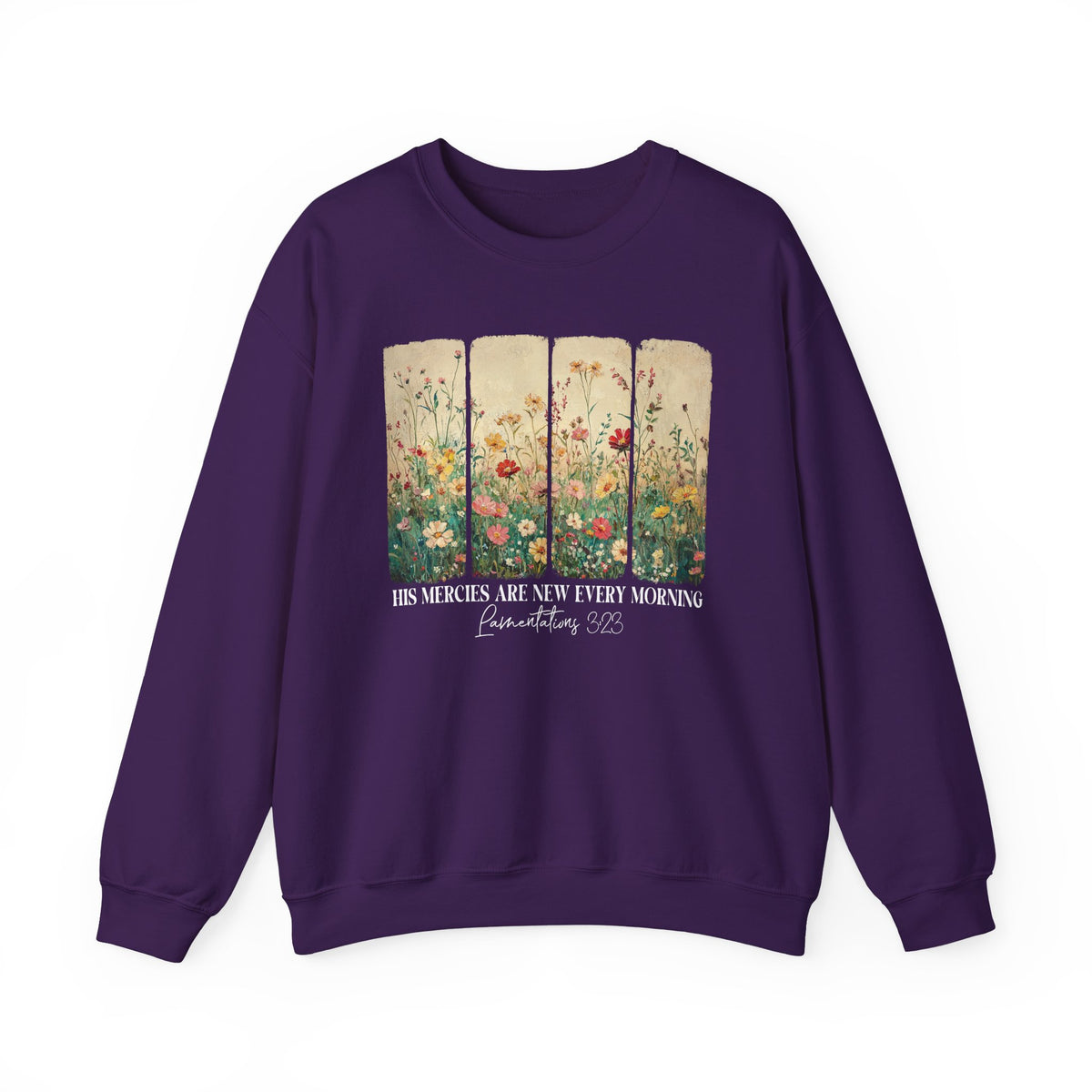 Purple His Mercies Are New Every Morning sweatshirt with wildflower print, front view