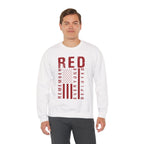 Model wearing the RED Remember Everyone Deployed Sweatshirt