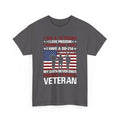 Charcoal Proud Female Veteran My Oath Never Ends t-shirt with saluting soldiers and flag print, front view