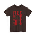 Dark Chocolate RED remember everyone deployed t-shirt with distressed American flag print, front view