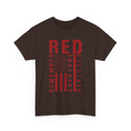 Dark Chocolate RED remember everyone deployed t-shirt with distressed American flag print, front view