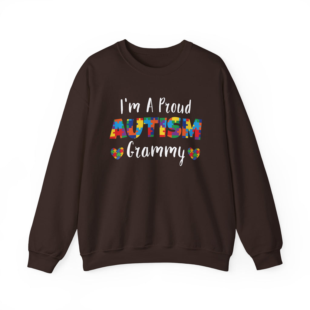 Dark Chocolate I'm A Proud Autism Grammy sweatshirt with puzzle piece lettering and hearts, front view