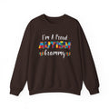 Dark Chocolate I'm A Proud Autism Grammy sweatshirt with puzzle piece lettering and hearts, front view