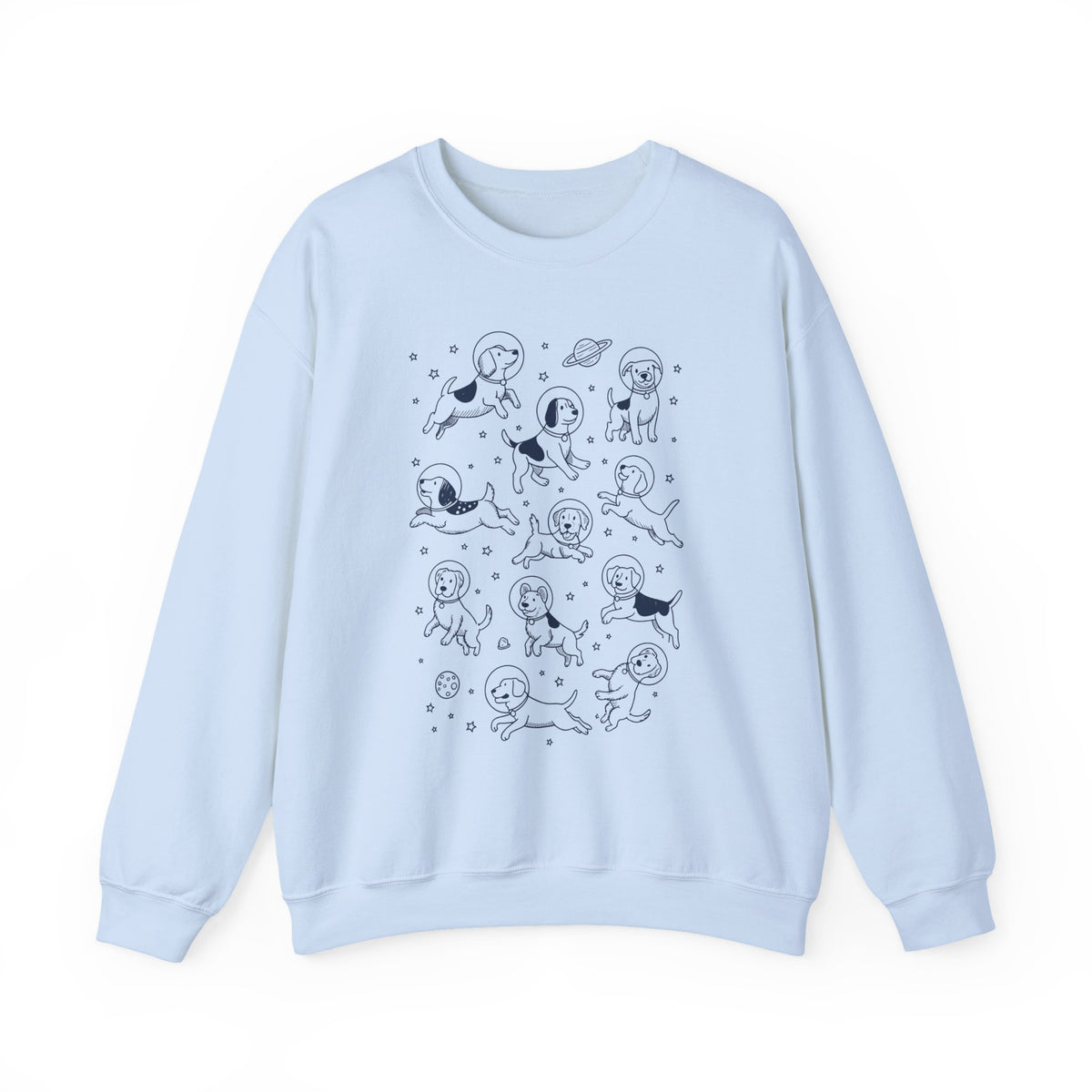 Light Blue space dogs astronaut sweatshirt with navy line-art dogs in space helmets, front view
