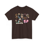 Dark Chocolate Scrub Life nurse t-shirt with patterned lettering, stethoscope and clogs, front view