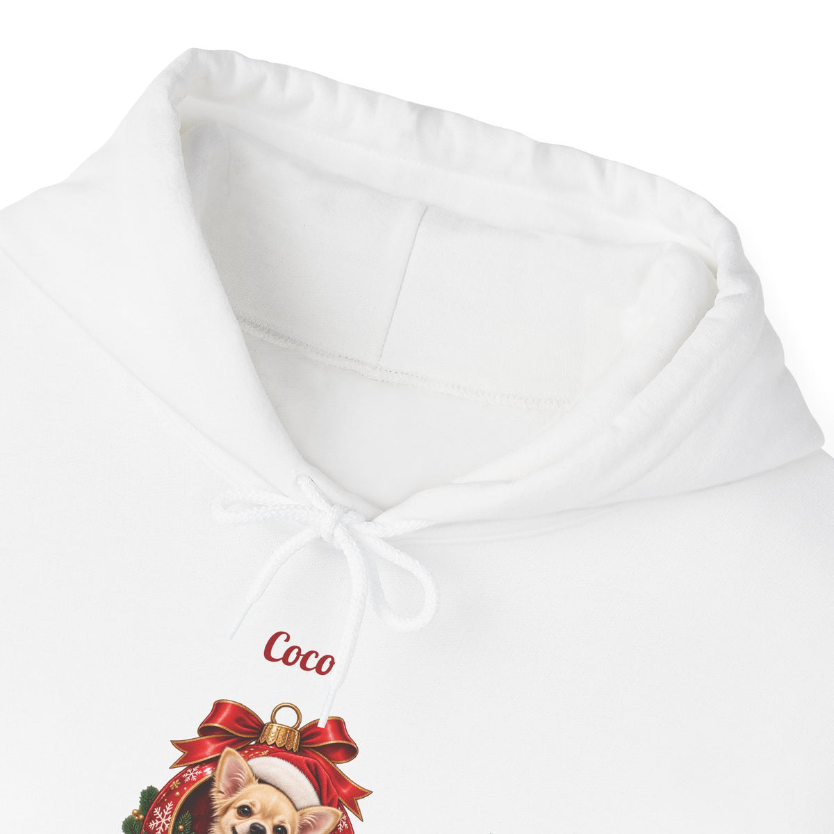 Personalized Chihuahua Christmas Hoodie, front collar close-up