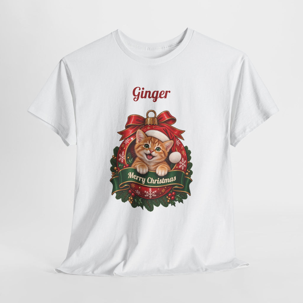 White Personalized Orange Tabby Cat Christmas T-Shirt, close-up of the print