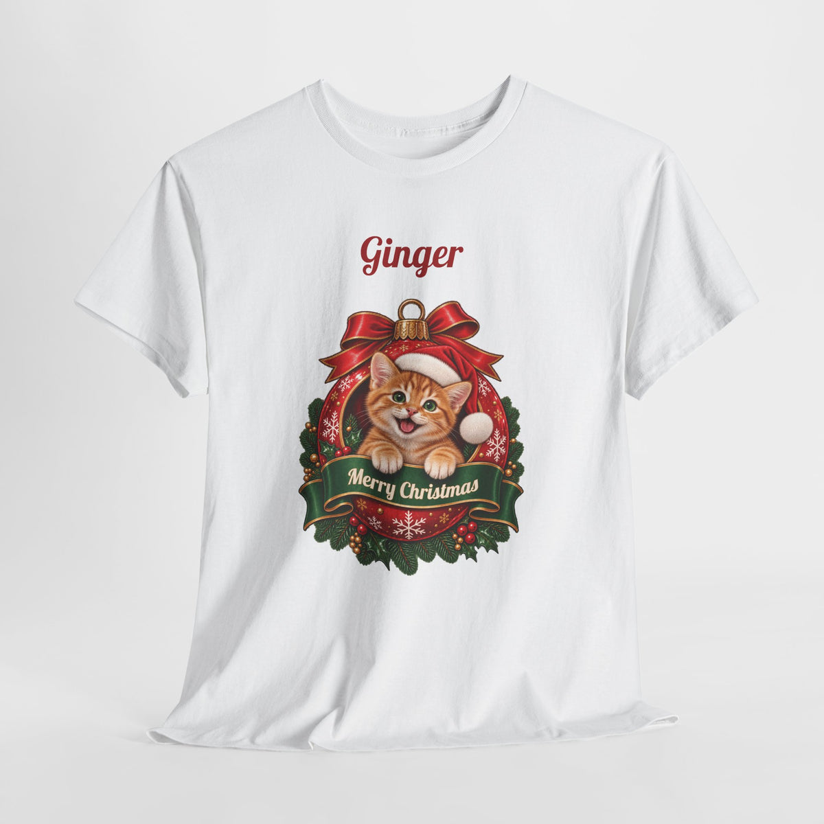 White Personalized Orange Tabby Cat Christmas T-Shirt, close-up of the print