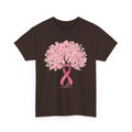 Dark Chocolate cherry blossom tree t-shirt with pink ribbon trunk, front view