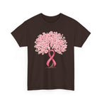 Dark Chocolate cherry blossom tree t-shirt with pink ribbon trunk, front view