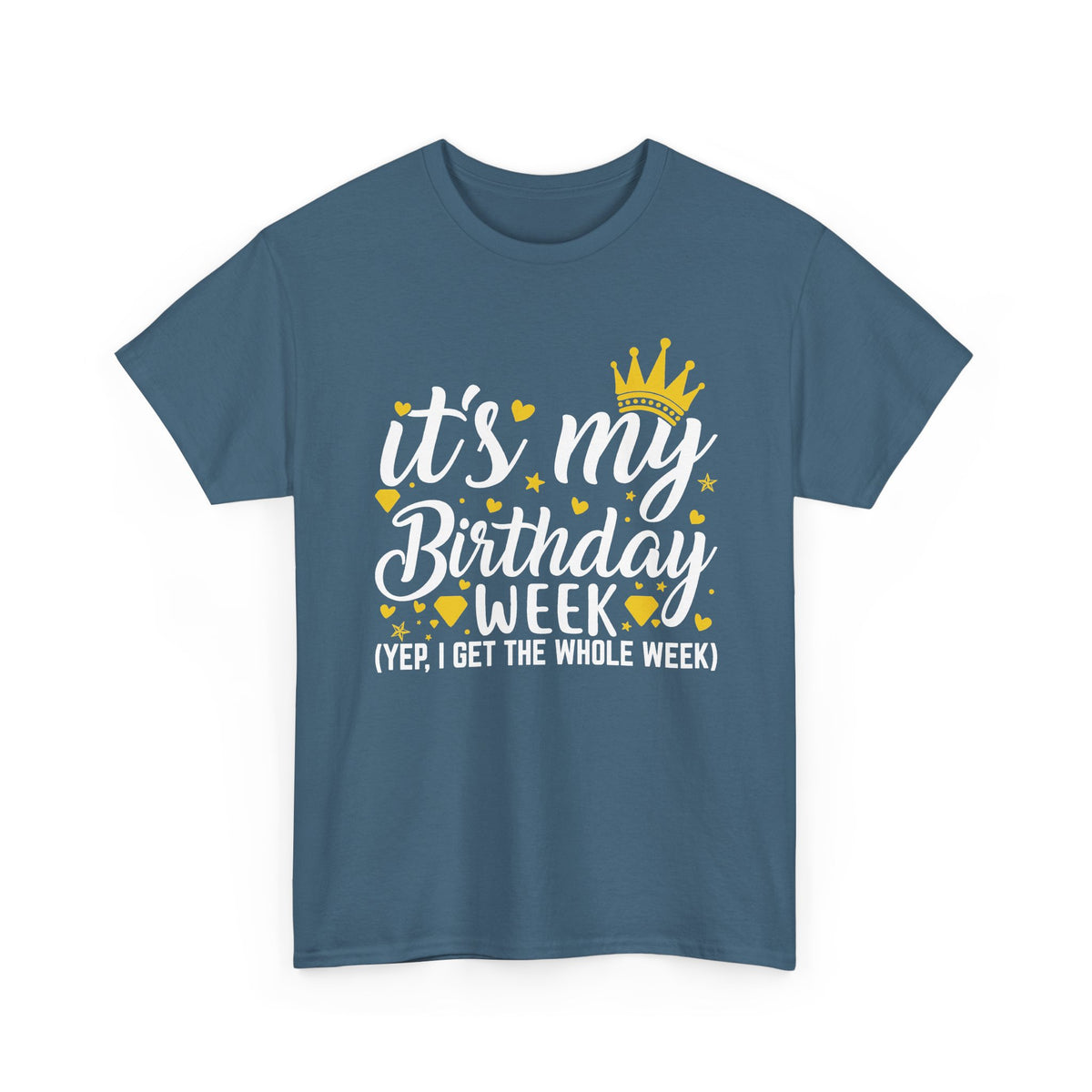 Indigo Blue It's My Birthday Week t-shirt with gold crown, front view