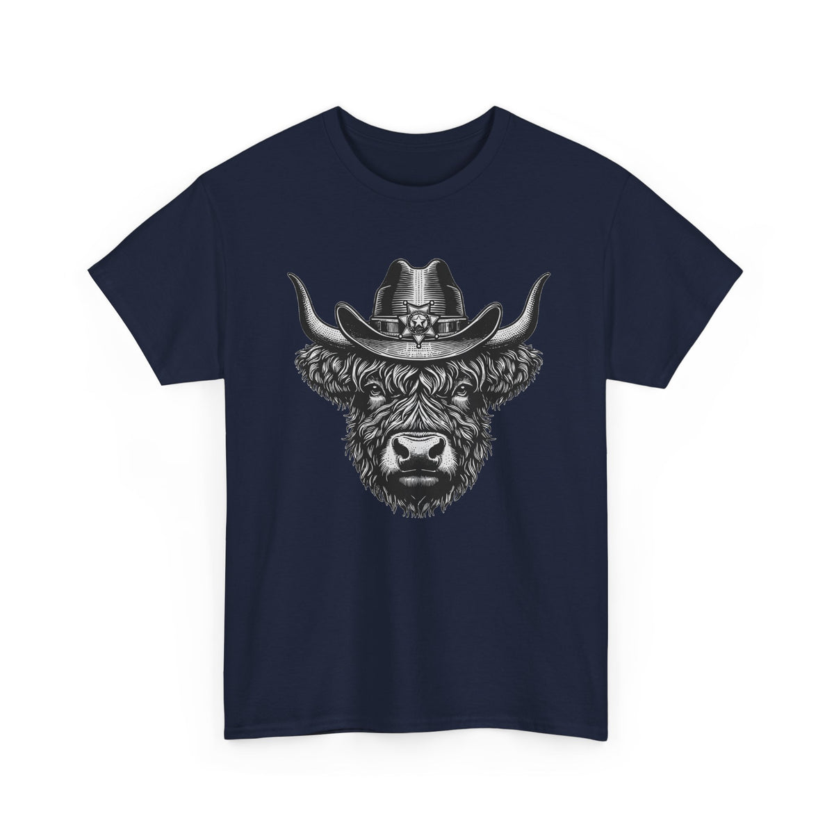 Navy Highland cow cowboy hat t-shirt with vintage engraved cow in a sheriff hat, front view