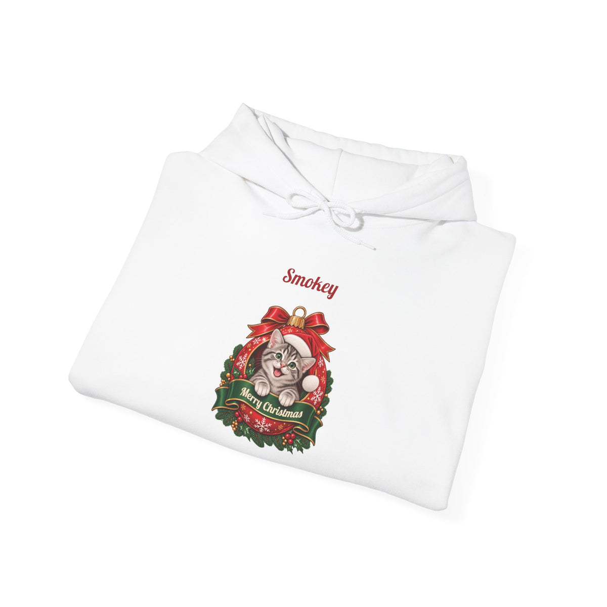 White Personalized Grey Tabby Cat Christmas Hoodie, folded