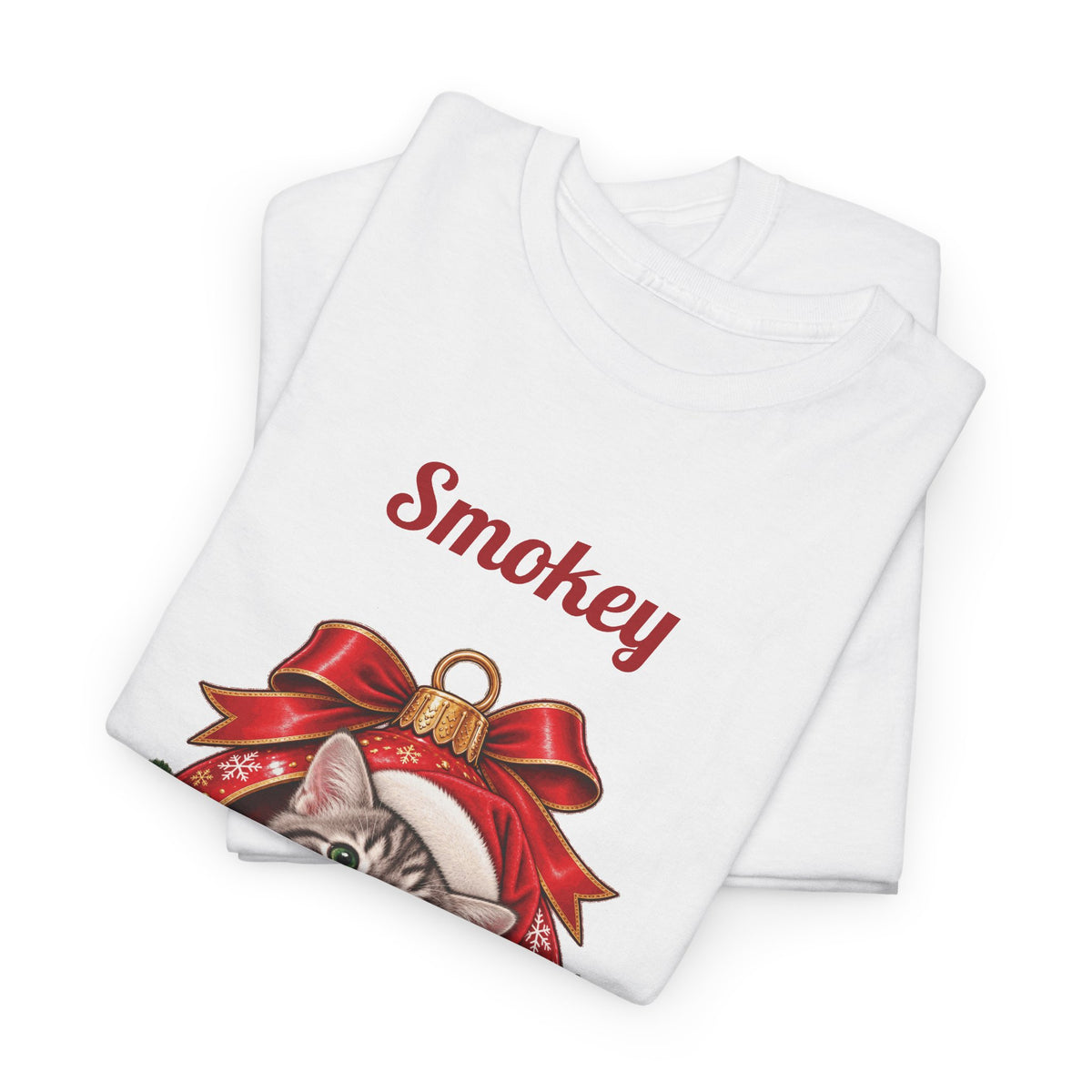 White Personalized Grey Tabby Cat Christmas T-Shirt, folded