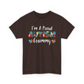 Dark Chocolate I'm A Proud Autism Grammy t-shirt with puzzle piece lettering and hearts, front view