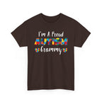 Dark Chocolate I'm A Proud Autism Grammy t-shirt with puzzle piece lettering and hearts, front view