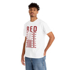 Model wearing the RED Remember Everyone Deployed T-Shirt