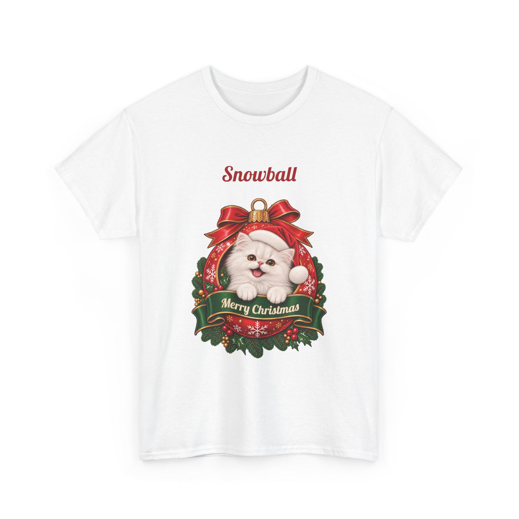 White Personalized White Persian Cat Christmas T-Shirt with a white Persian cat in a Christmas ornament and a custom name, front view