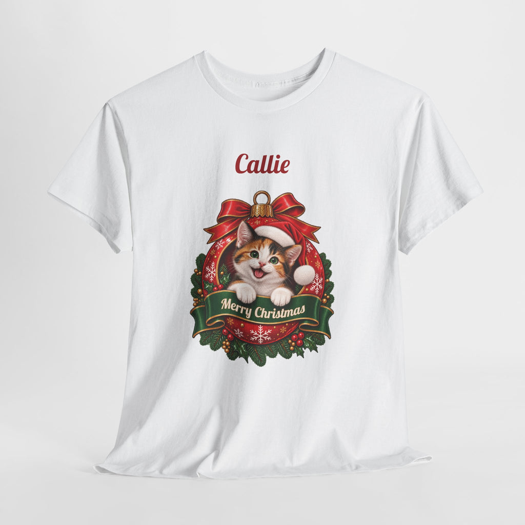 White Personalized Calico Cat Christmas T-Shirt, close-up of the print
