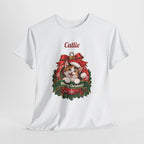 White Personalized Calico Cat Christmas T-Shirt, close-up of the print