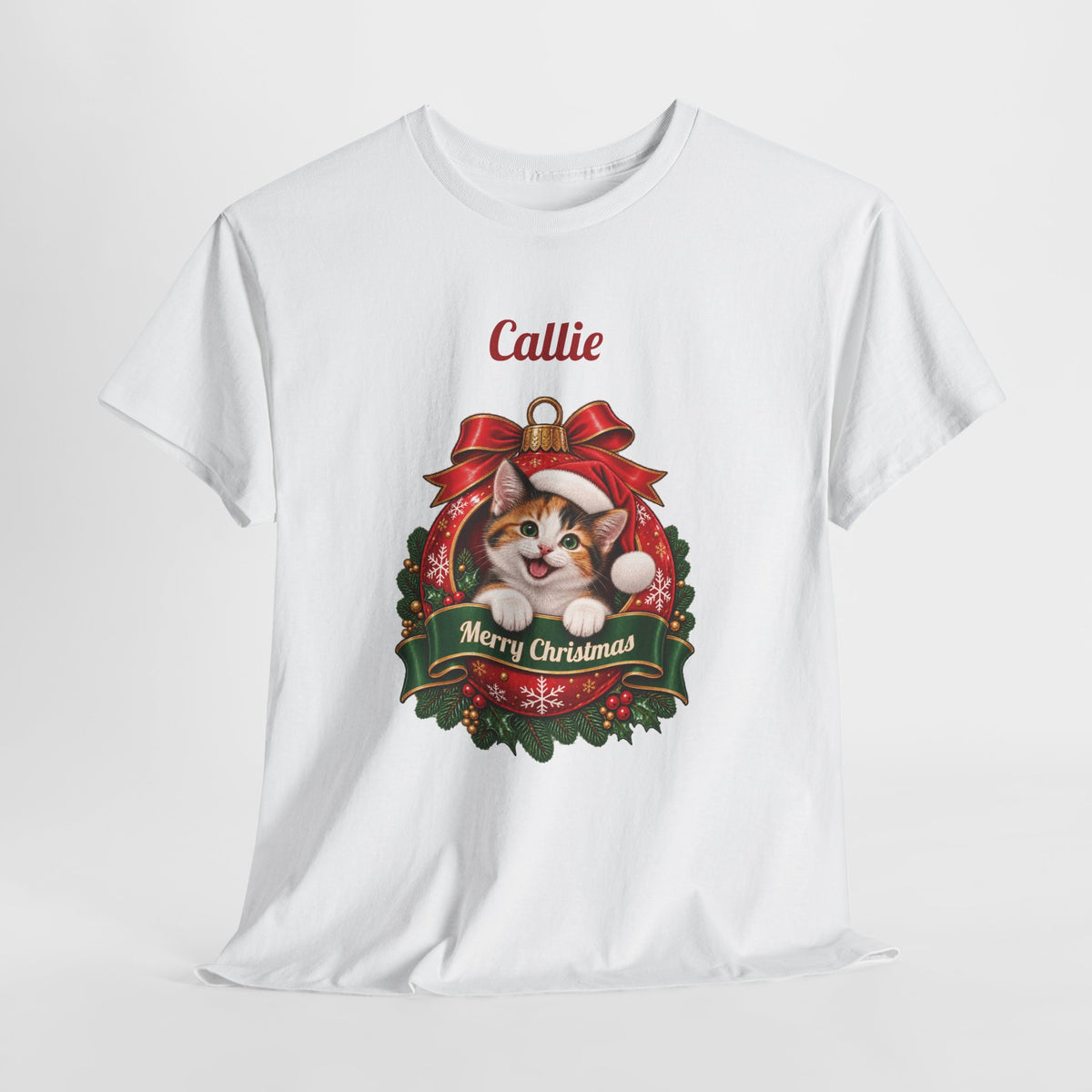 White Personalized Calico Cat Christmas T-Shirt, close-up of the print