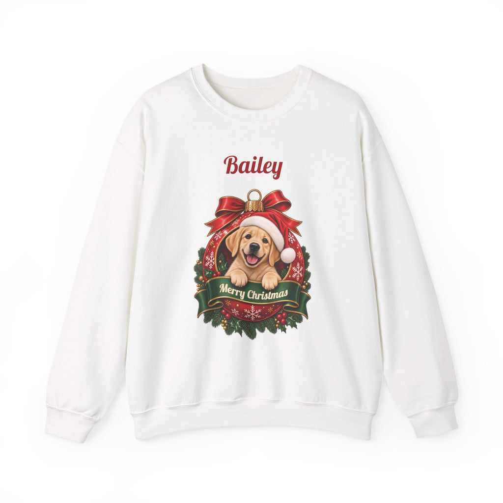 White Personalized Labrador Christmas Sweatshirt with a Labrador in a Christmas ornament and a custom name, front view