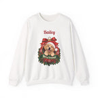 White Personalized Labrador Christmas Sweatshirt with a Labrador in a Christmas ornament and a custom name, front view