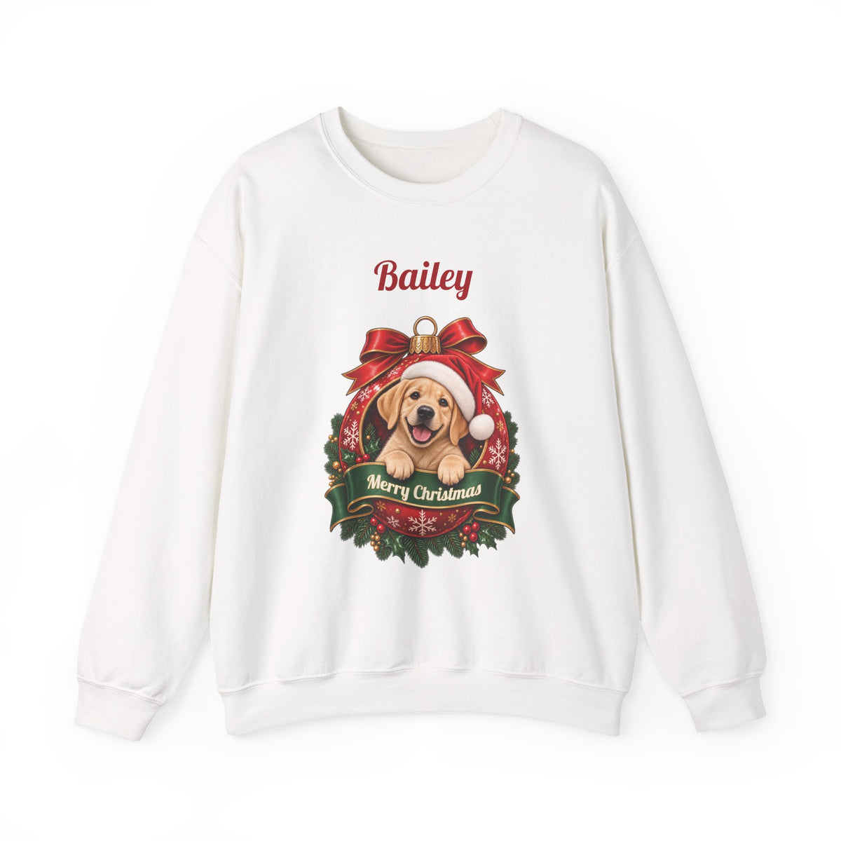 White Personalized Labrador Christmas Sweatshirt with a Labrador in a Christmas ornament and a custom name, front view