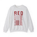 Ash RED remember everyone deployed sweatshirt with distressed American flag print, front view