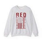 Ash RED remember everyone deployed sweatshirt with distressed American flag print, front view