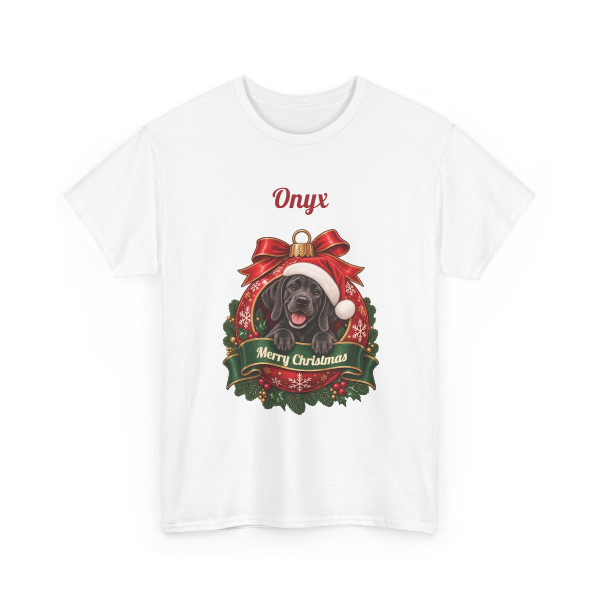 White Personalized Black Great Dane Christmas T-Shirt with a black Great Dane in a Christmas ornament and a custom name, front view