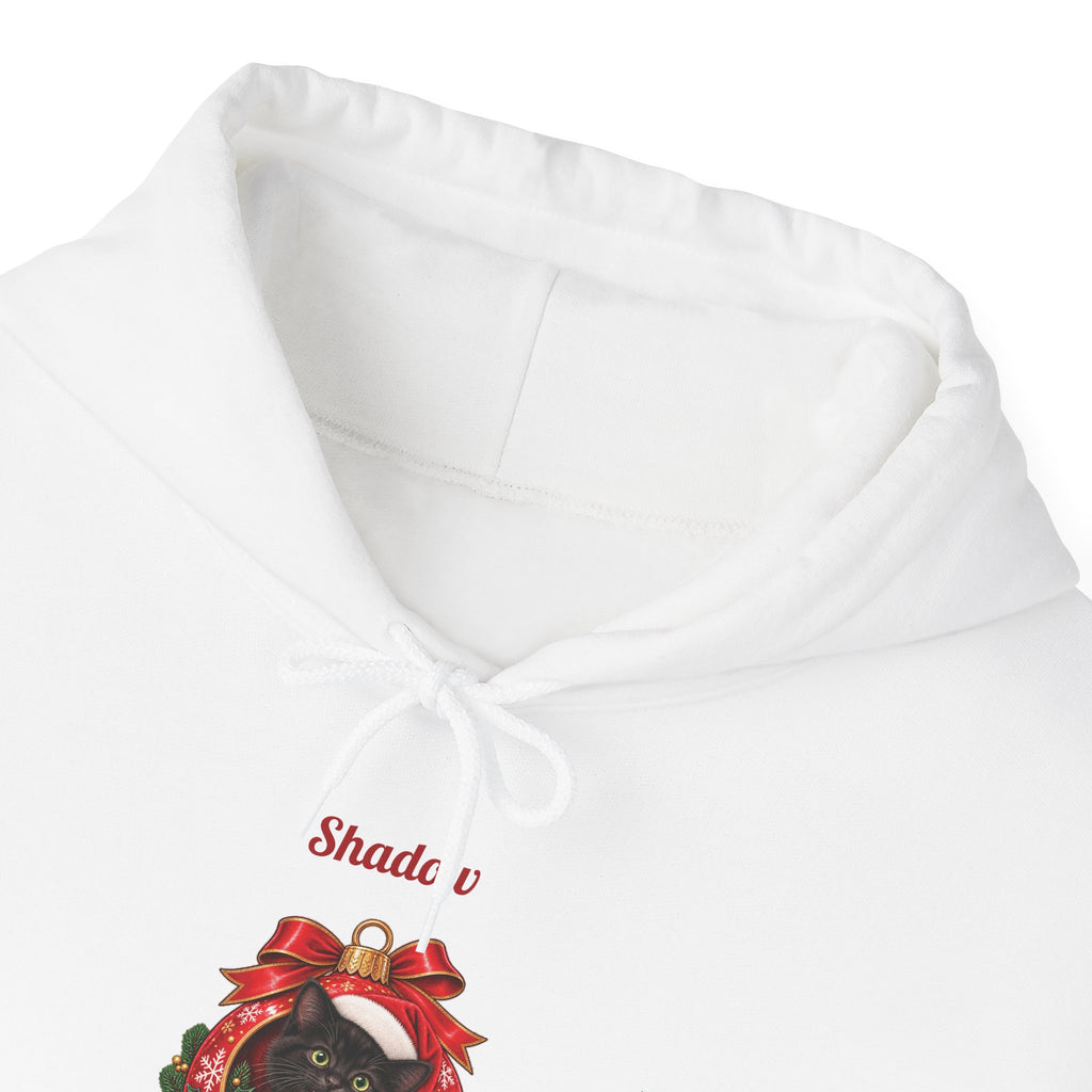 White Personalized Black Cat Christmas Hoodie, close-up of the print