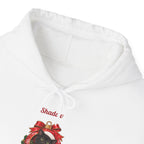 White Personalized Black Cat Christmas Hoodie, close-up of the print