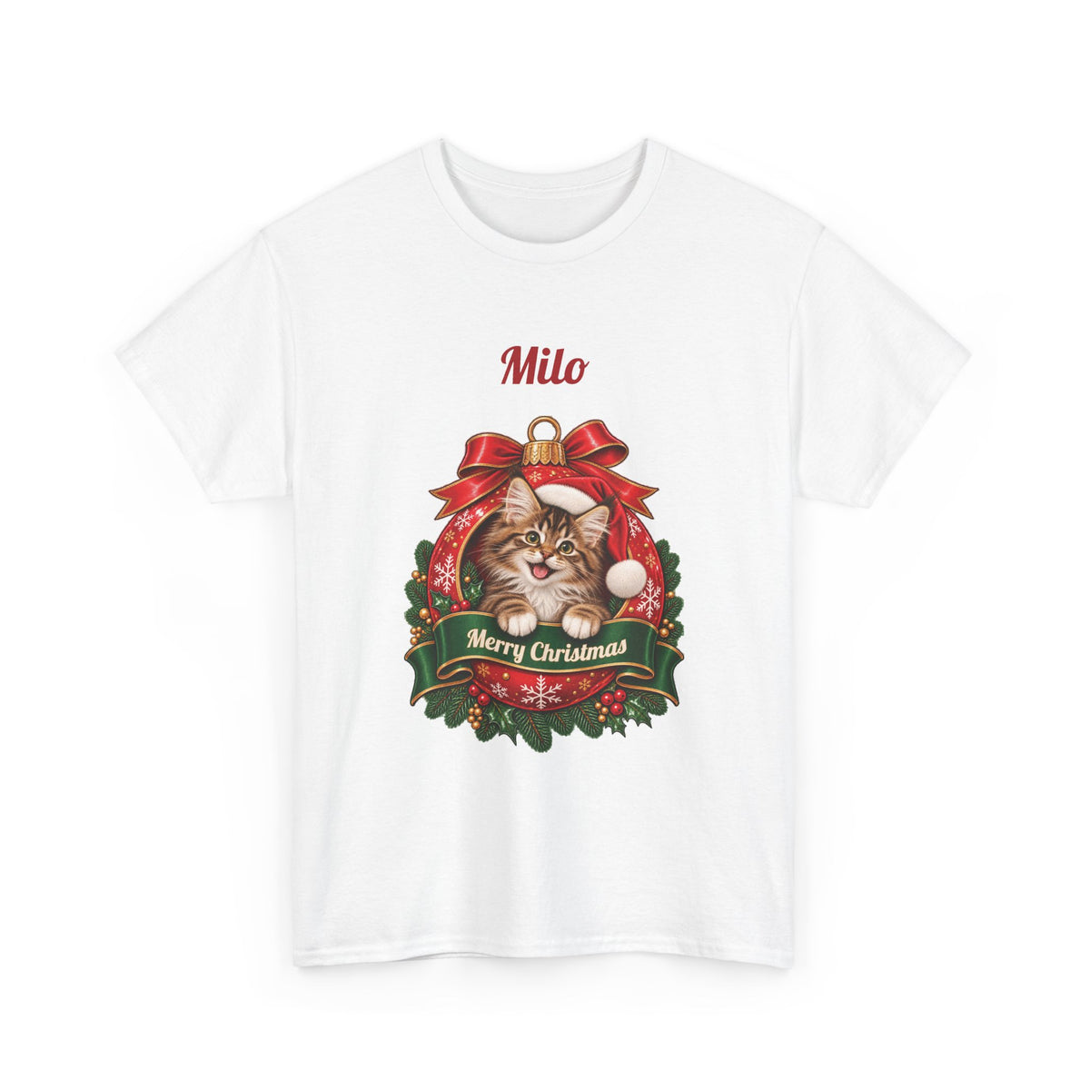 White Personalized Maine Coon Cat Christmas T-Shirt with a Maine Coon cat in a Christmas ornament and a custom name, front view