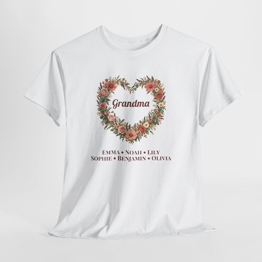 White Personalized Grandma T-Shirt With Grandkids Names, front view on a light grey background