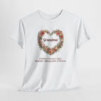 White Personalized Grandma T-Shirt With Grandkids Names, front view on a light grey background